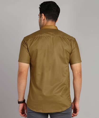 Image of MILDIN Men's Cotton Blend Solid Shirt with Spread Collared Half Sleeve Curved Hemline Button Closure Regular Fit and One Pocket | Half Sleeve Shirt for Men