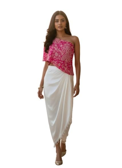 Women's Pink One Shoulder Printed Top with White Draped Skirt Co-Ord Set | Indo Western-picture-17