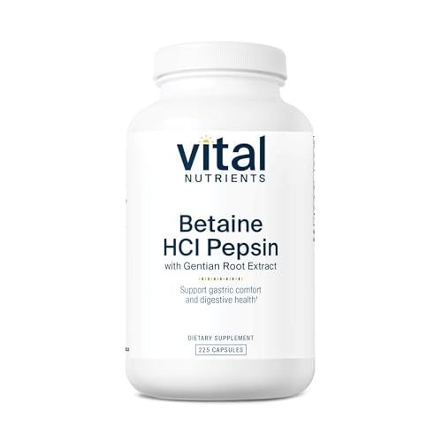 Vital Nutrients Betaine HCL Pepsin with Gentian Root Extract - Digestive Enzyme Formula to Support Protein Digestion and Nutrient Absorption* - Gluten, Dairy, Soy Free - 225 Capsules