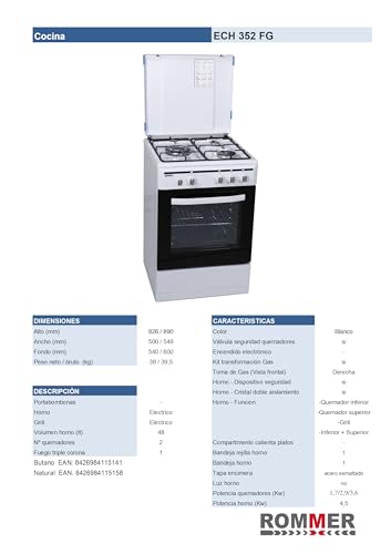 Cocina Rommer ECH 352 FG, 2 quemadores mas fuego triple corona, horno de 47 litros, gas butano - imagen 2