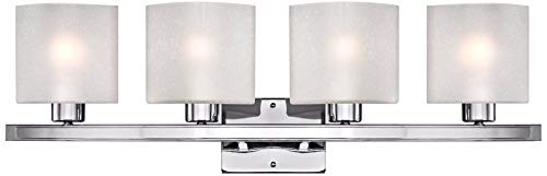 Image of Possini Euro Design Modern Wall Light Chrome Silver Metal Hardwired 32 inch 4-Light Fixture White Linen Glass Shades for Bedroom Bathroom Mirror Vanity Reading Living Room Hallway House Home Decor