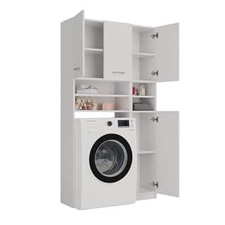 CDF Ensemble de Salle de Bain Meuble Dessus Machine à Laver avec Colonne Haute de Rangement 10 Étagères Gain de Place 96 x 180 x 30 cm - Blanc