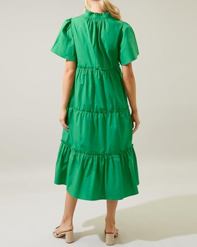 Image of YEXPINE Women's V Neck Tiered Midi Dress Casual Short Sleeve Ruffle Flowy Summer Beach Vacation Long Dress