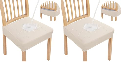 Image of Smiry Waterproof Seat Covers for Dining Room Chairs Set of 4, Stretch Jacquard Removable Washable Chair Seat Slipcovers Protector, No Rear Covers, Beige (Pack of 2)