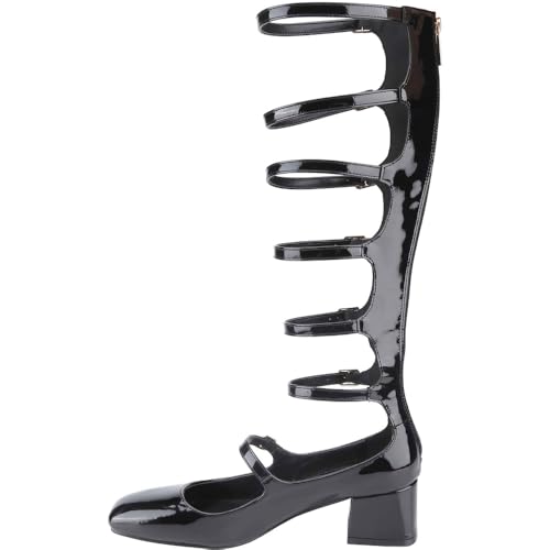Women's Gladiator Knee High Strappy Block Heel Sandals Pumps Multi-Buckle Chunky Low Black Heel Galditor Pumps Shoes3