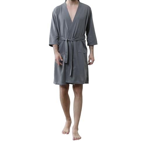 Men's Waffle Robe, Lightweight Knee Length Kimono Bathrobe, Nightgown Shower Robe for Spa