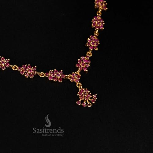 Image of Sasitrends Micro Gold Plated American Diamond Ruby stone Studded Necklace Jewellery Set