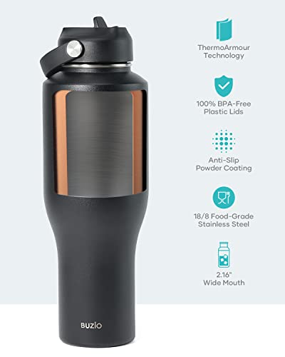 Buzio Insulated Water Bottle With Straw Lid, 40Oz Tumbler Travel Flask, Double Wall Vacuum Insulated Stainless Steel Leak Proof Tumbler, Fits Any Car Cup Holders, Keeps Cold For 48 Hrs, Hot For 24 Hrs #TOP4