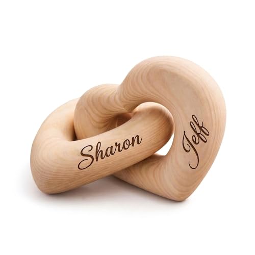 Personalized Wooden Hearts with Names - Custom Engraved Interlocking Heart Sculpture for Couples - 5th Wood Anniversary Valentines Day Gift Idea Romantic Home Decor (1-Pack)