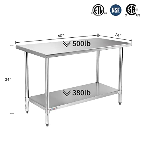 Image of STABLEINK NSF Stainless Steel Prep Table 60x24 Inches 5ft, Metal Work Table with Adjustable Undershelf, for Commercial Kitchen, Restaurant, Hotel, Laundry and Garage
