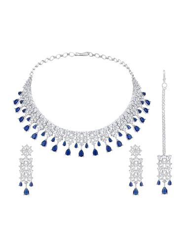 Image of ASMITTA Jewellery Silver American Diamond Necklace Set with Maang Tikka | Traditional Rhodium-Plated CZ Jewellery Sets for Women | Perfect for Bridal Weddings, Festivals & Special Occasions