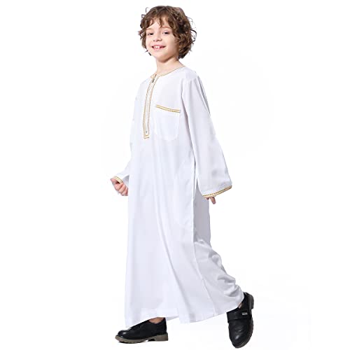 IMEKIS Kids Thobe for Muslim Boys Arab Tobes Long Sleeve Kaftan Embroidered Robe with Pockets Islamic Arabic Abaya Clothes2