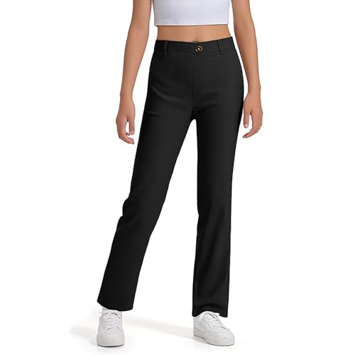 Girls Straight Pants School High Stretchy Leggings with Pockets