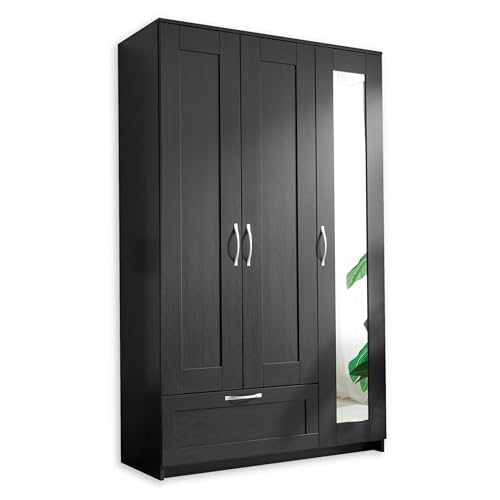 Stella Trading SALIAS - Armario con Puerta de Espejo en Color Negro (3 Puertas batientes, 117 x 190 x 50 cm, con 3 Puertas batientes, Color Negro