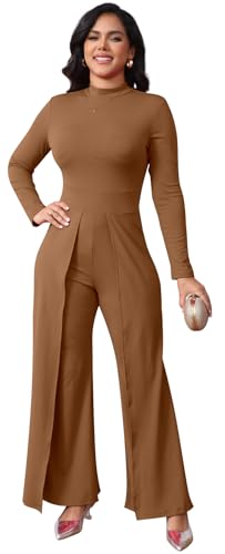 ZonJie Brown Long Sleeve jumpsuits for Women Dressy Wedding Round