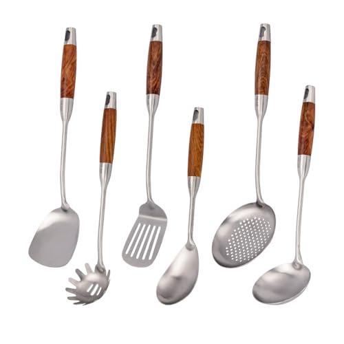 VALESKA 304 Stainless Steel Kitchen Utensils Set with Wood Handle, 6 PCS Metal Cooking Utensils Set, metal spoon,kitchen essentials, Non-Stick and Heat Resistant, Easy to Clean by VALESKA - Used condition - US$23.34