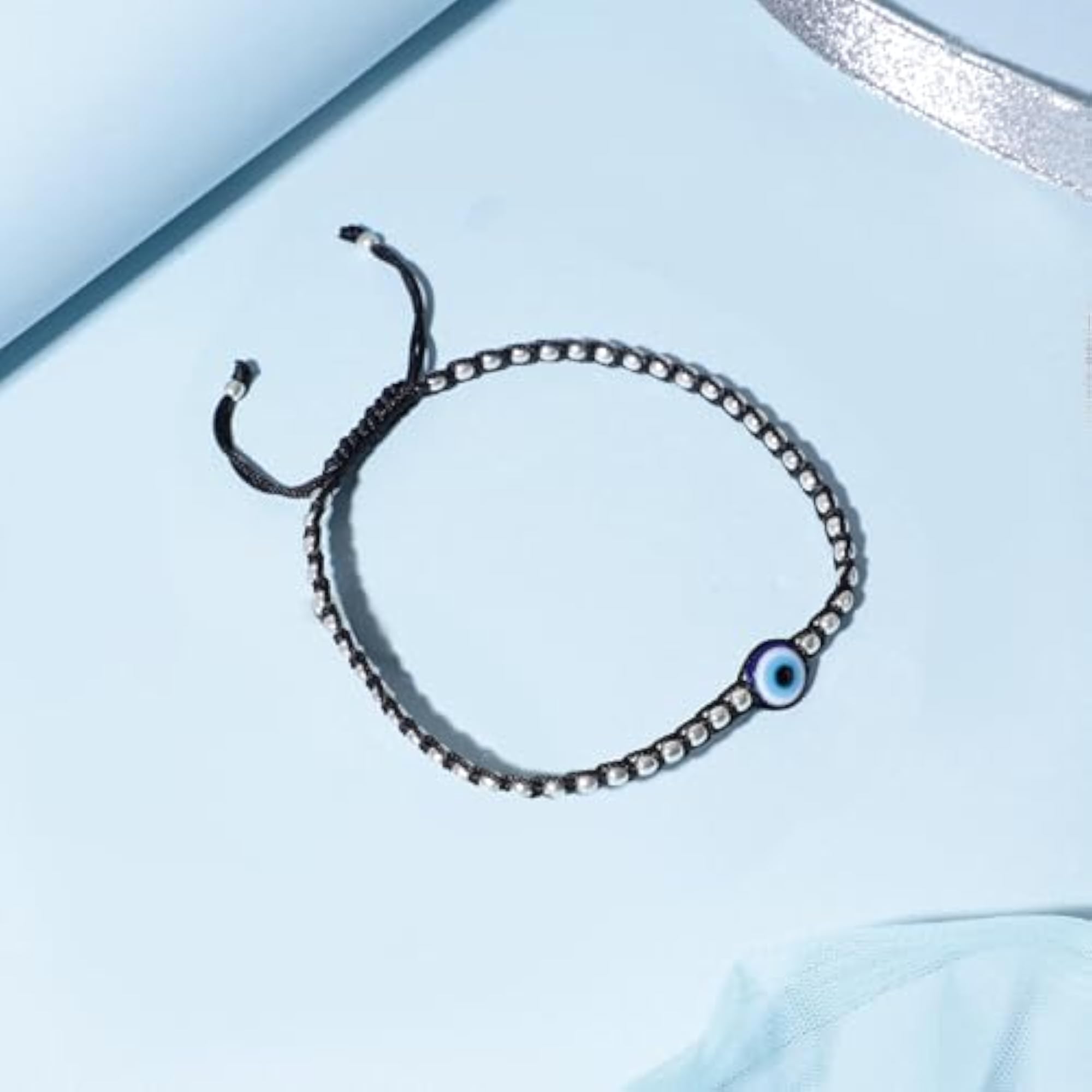 Women's 925 Sterling Silver Beads Evil Eye Rhodium Plated Thread Anklet, Single