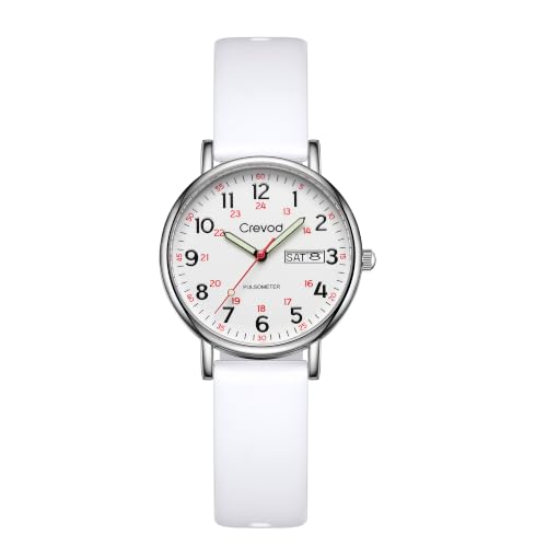 Crevod Waterproof Nurse Watch for Medical Professionals, Women Men, 24 Hour with Second Hand, Military Time Easy to Read Dial Day Date Pulsometer (Silver-White)
