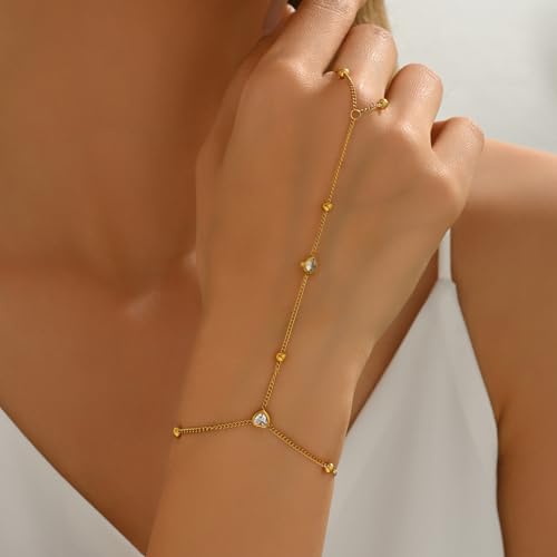 Hand Chain Bracelet for Women Adjustable 18K Gold Plated Finger Ring Bracelets,Minimalist Boho Wedding Pearl Cubic Zirconia Beaded Stackable Layered Chic Jewelry4