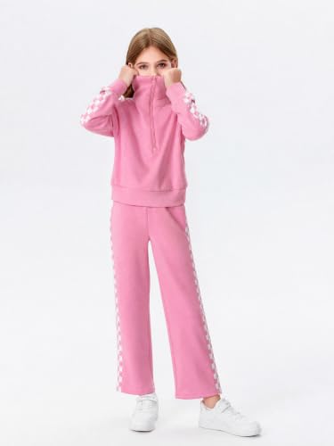 Image of Haloumoning Girls Sweatsuit 2 Piece Zip Long Sleeve Sweat Outfits | Half Zip,Waist drawstring,girls tracksuit