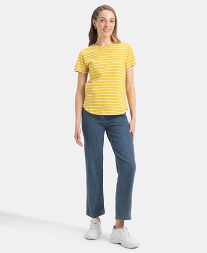 Image of Jockey A121 Women Super Combed Cotton Stripe Fabric Relaxed Fit Round Neck Half Sleeve T-Shirt with Curved Hem Styling