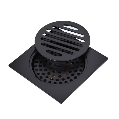 Desagüe de suelo for baño, desagüe cuadrado, sifón latón negro antiolor común acero inoxidable, rejilla, tapa redonda, colador pelo, accesorios ducha