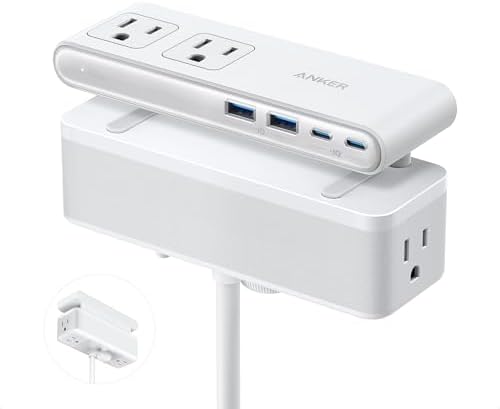 Anker Nano Power Strip, Desk Clamp with 1500J Surge Protector, 5ft Extension Cord, 70W Max Gaming Desk Accessories, 6 AC, 2 USB A, 2 USB C, Home Office Essentials, Fit 0.6~1.8'' Tabletop Edge (White)