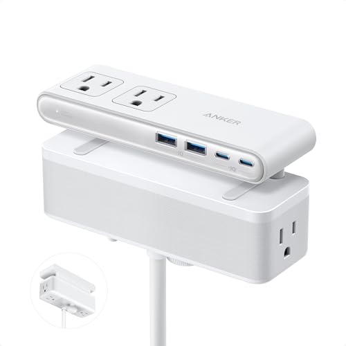 Anker Nano Power Strip, Desk Clamp with 1500J Surge Protector, 5ft Extension Cord, 70W Max Gaming Desk Accessories, 6 AC, 2 USB A, 2 USB C, Home Office Essentials, Fit 0.6~1.8'' Tabletop Edge (White)