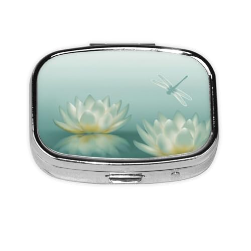 Square Mini Dragonfly with Water Lily Pill Box, 2 Compartment Small Pill Box for Purse Or Pocket, Vitamin, Supplement, Pill Container.