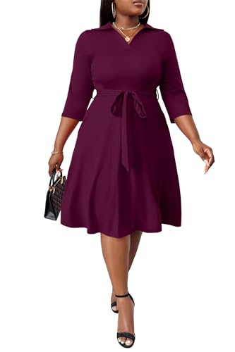 Image of FANDEE Plus Size Midi Dress for Women - Printing Summer Dresses for Wedding Guest Cocktail Party 3 /4 Sleeve V Neck(L-5XL)
