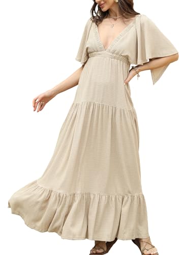Image of Kikibell Women Summer Dresses Sexy V-Neck Maxi Dress Tiered Silhouette with Flutter Sleeve Backless Elastic Waist Flowy Dress