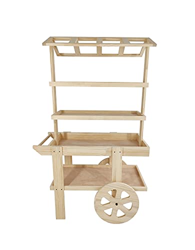 FixtureDisplays® Flower Cart Vending Cart Farmers Market County Fair Wagon Wood Stall Stand Rolling Shelf Retail Booth Kiosk 42.0" Long x 68" Tall x 25.0" Wide 19402