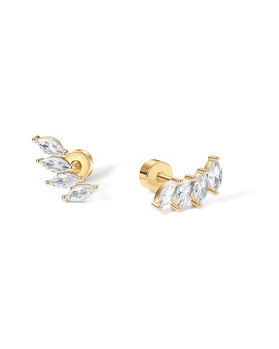 PAVOI 14K Gold Plated Sterling Silver Post Navette CZ Crawler Flat Back Earrings for Women | Small Cartilage Cubic Zirconia Stud Earring | Helix Piercing Jewelry3