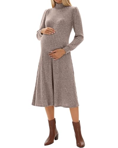 Sweetyweee Women's Maternity Sweater Dress, Turtleneck Long Sleeve Knit Pregnant Puff Sleeve Dress Fall Winter Holiday Outfit(Light Coffee,Large)
