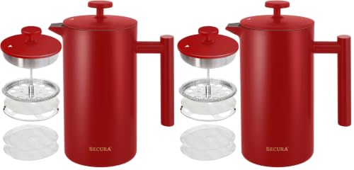 Image of Secura French Press Coffee Maker, 304 Grade Stainless Steel Insulated Coffee Press with 2 Extra Screens, 34oz (1 Litre), Red (Pack of 2)