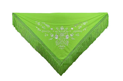 AMINA Medium Peak Shawl Triangular Flamingo or Sevillanas (170 x 70 cm) Green Embroidered White