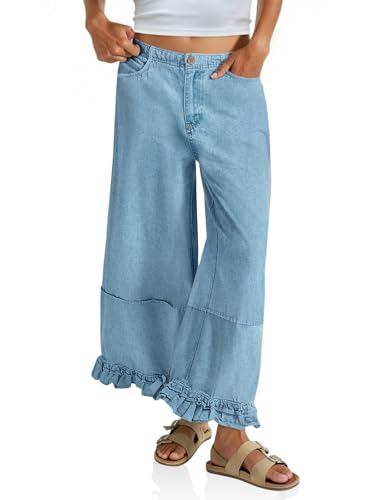 Cicy Bell Womens Ruffle Wide Leg Jeans Cropped Elastic High Waisted Baggy Denim Pants with Pockets Light Blue