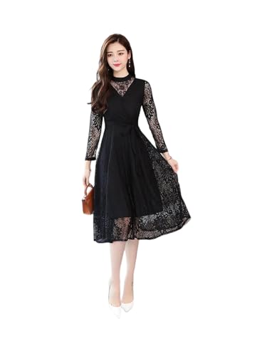 Women Autumn Winter Mesh Splice Lace V Neck Elegant Midi
