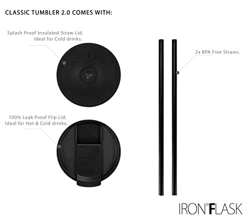 Iron °Flask Classic Tumbler 2 Lids, Vacuum Insulated Stainless Steel Bottle, Modern Double Walled, Drinking Cup, Simple Thermo Travel Mug, Hydro Water Metal Canteen - Midnight Black, 32 Ounces #TOP6