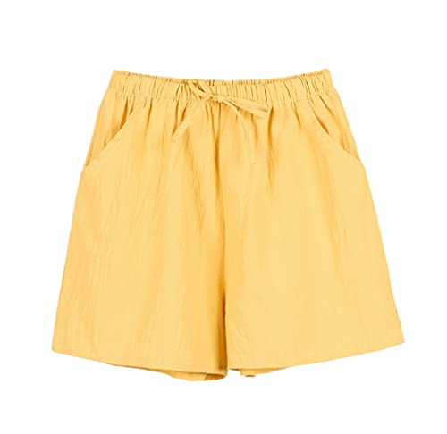 Short coton et lin femme léger ample jaune clair taille M avec cordon