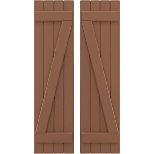 14"W x 69"H Americraft Four Board (2 Batten) Exterior Real Wood Joined Board-n-Batten Shutters w/Z-Bar (Per Pair), Burnt Toffee