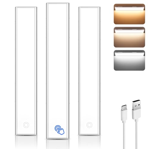 Yacoto Under Cabinet Lighting Wireless, 3 Pack 54 LED Motion Sensor Light Indoor 3 Color Dimmable Rechargeable Battery Operated Motion Activated Under Counter Lights for Kitchen Closet Stairs Home