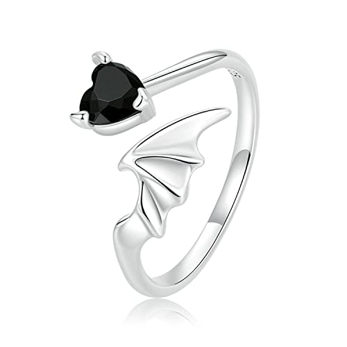 Bague zircon noir en argent S925, anneau ajustable cœur élégant pour femme