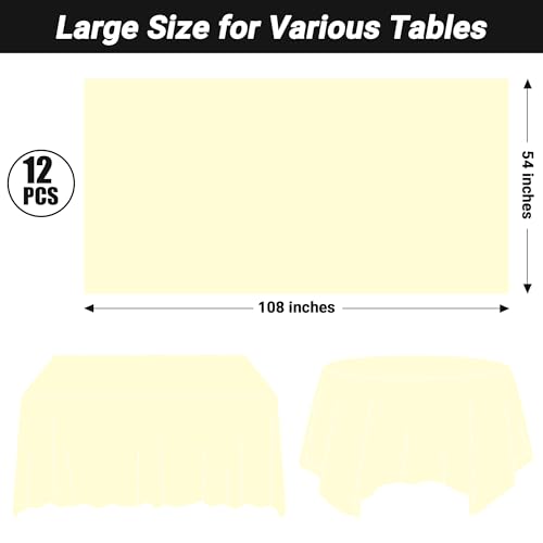 Image of QZYL 12 PCS Ivory Plastic Tablecloths, 54 in x 108 in Dinner Table Cloths, Rectangle Table Cover for Birthday Party Family Gathering Wedding