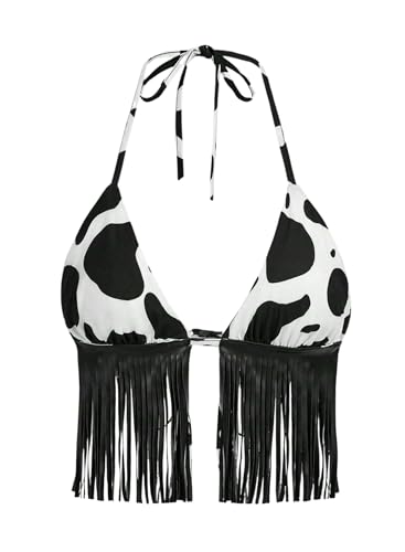Women Western Cowgirl Fringe Top - Country Concert Outfits Sexy Halter Cow Print Festival Rodeo Rave Tank Shirt(Blackwhite,L,1149a)