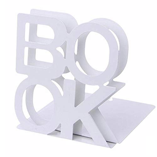 Metal Bookends Heavy Duty Book Ends L-Shaped "Book" Letter Nonskid Bookends for Shelves 1 works for Office (White)