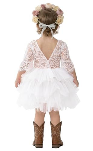 2Bunnies Girl Peony Lace Back A-Line Tiered Tutu Tulle Flower Girl Dress (White Bell Sleeve, 5)