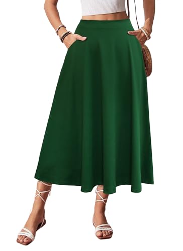 POPZONE Womens 2025 Trendy Summer Midi Skirt Pleated A-Line Flared Long Skirt with Pockets Dark Green Small