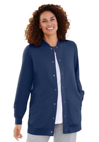 Woman Within Plus Size Fleece Baseball Jacket Long Oversized Fleece Coat - 2X, Navy