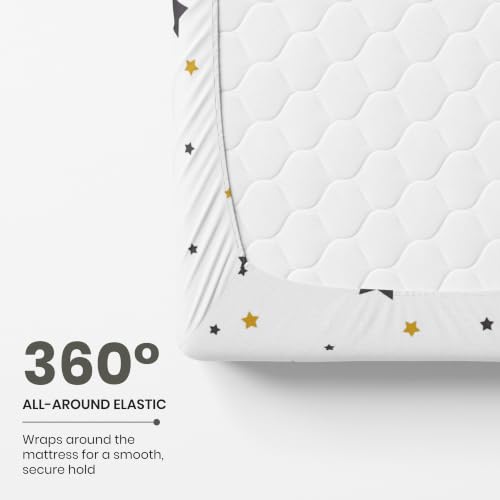 Image of LORETO - A QUALITY LINEN BRAND 210 TC 100% Pure Cotton Double /Queen Fitted Bedsheet with 2 Pillow Covers for 78 x 60 Inch Mattress, All-Around Elastic, 8 Inch Deep Pocket, Black & Gold Stars